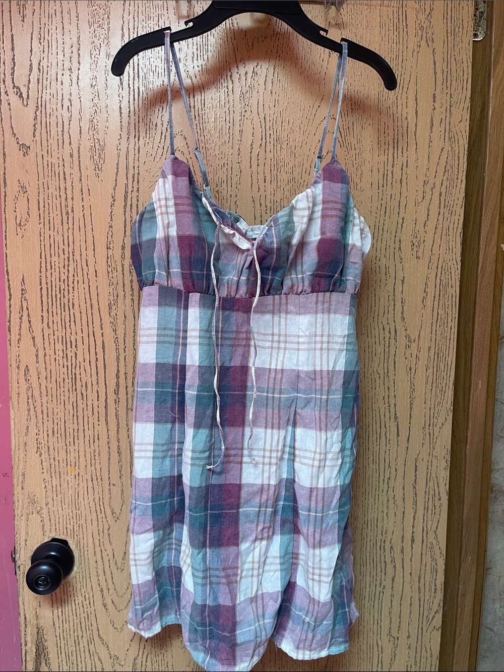 American Eagle Outfitters Mauve and Teal Plaid Spaghetti-Strap Chemise